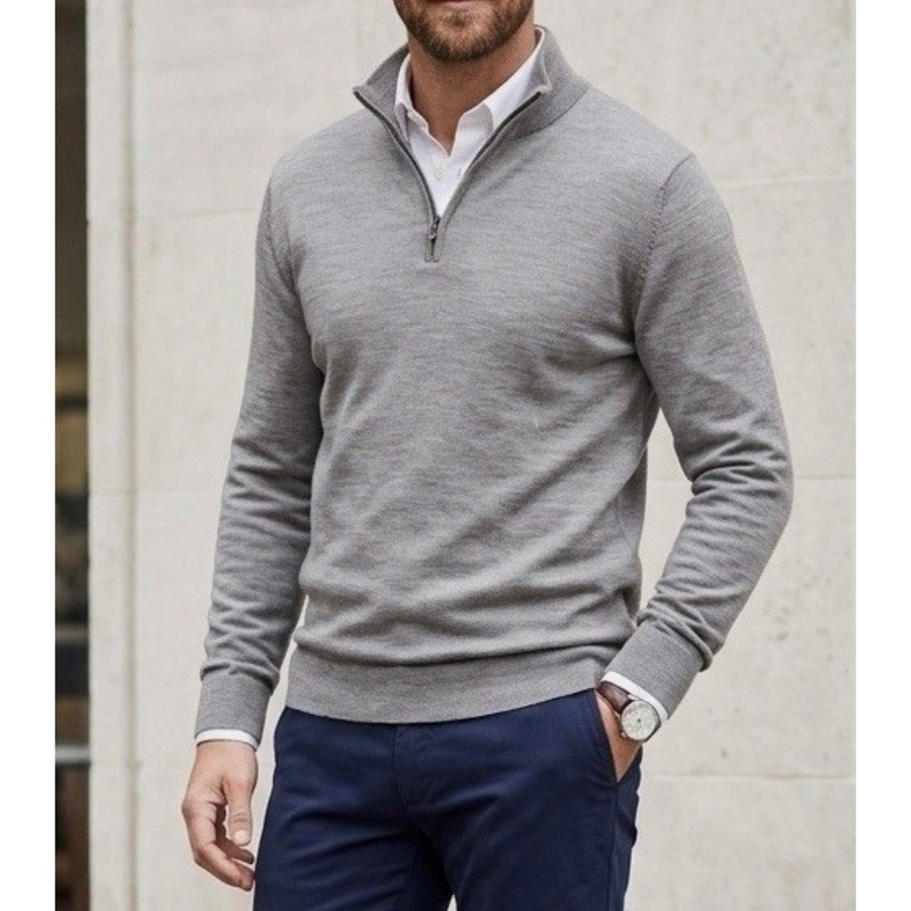 Charles Tyrwhitt Quarter Zip Sweater Men L Brown Merino Pure New Wool Quiet Lux